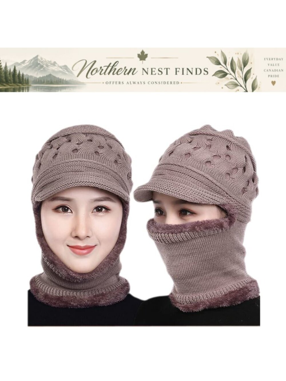Womens Winter Knitted Beanie Hat Scarf One-Piece Fleece Lined Ear Protection